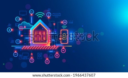 Smart home system concept. Phone controls works, safety of smart devices in house. Smartphone app of monitoring, setting of algorithm autonomous works of household appliances. Internet of things. IOT.