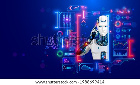 AI. Artificial intelligence. Robot or cyborg looking at virtual HUD interface. Machine learning concept. Modern tech frame for text, picture in computer electronic technology style. Face of android.