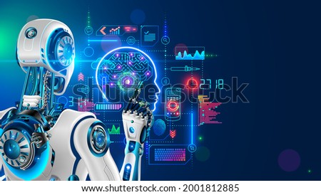 Robot or cyborg programming artificial intelligence in cyberspace. AI in industrial revolution. Machine looking on hud screen. Deep Machine learning. Back view. Neural network in image humanoid robot
