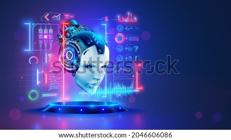 AI. Artificial intelligence. Head robot hanging over podium and look at virtual dashboard. Supercomputer in image futuristic cyborg head. Machine learning technology, neural networks.