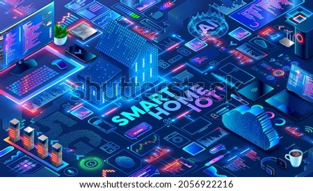 Smart home system with objects automation control through wireless internet 5g. Development and Programming of Intelligence algorithms smart houses. Smart home technology isometric concept.