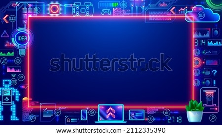 Border or frame design for kids technology education. STEM professions learning for children. Programming, web, game design, AI, online internet course. Engineering  graphic elements Banner. text box