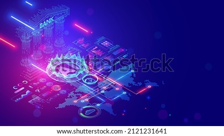 Digital bank. fintech or financial technology. Artificial intelligence in banking services, analitics safety transaction. Computer technology in online bank. AI protects internet money transfer.