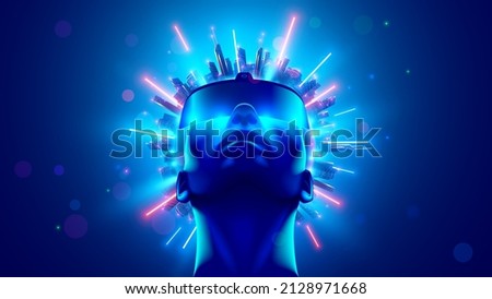 VR and AR technology futuristic concept. Man wearing 3d VR headset glasses looks up in cyberspace of metaverse. Virtual reality or Augmented reality world simulation. Digital computer entertainment.