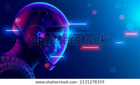 Astronaut or cosmonaut helmet  close up side view. Space tourist in space suit in cosmos. Sci-fi portrait of woman astronaut. Space tourism concept. head in a helmet look at space.