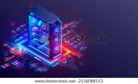 Upgrade, repair of desktop computers concept. Gaming computer glow in dark table. Glowing computer parts on motherboard inside transparent computer case of system box with glowing computers parts.