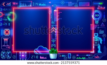 Double neon vertical frames or borders mock up on blue background in digital computer technology style for children. Templates presentation for Kids learning STEM professions. online education course