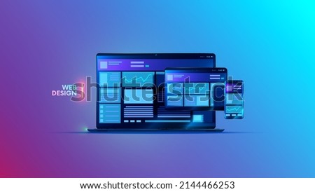 Web design flat concept. Templates internet page of website on screen laptop tablet phone. Responsive web interface application development. Illustration of adaptation layout site on portable devices.
