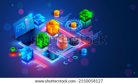 Digital software for technical education of teenagers. Children code a simple computer video game program on laptop. Isometric banner stem-education training for children. Programming course.