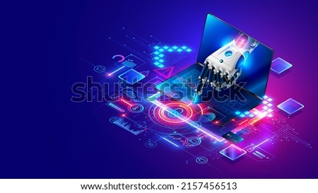 Computer bot hacks firewall on laptop. Cybersecurity, antivirus, personal data protection. Remote computer administration system. Artificial intelligence, AI protects data on PC. Cyber safety concept.