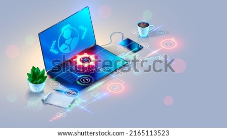 Remote Support online. Remotely access and control of computer or laptop via web internet connection. System administrator helps of user. Chat of technician support. Computer technology concept.