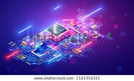 Map USA or America technology conceptual banner. Circuit United States of America as a electronic printed circuit Board with Chip or CPU processor. USA tech background. Microelectronics industry.