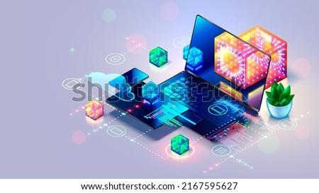 Computer technology concept. Computer network of laptop, phone, tablet on desk. Program in image futuristic glass blocks on screen laptop. Software, mobile web application development. Programming.