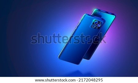Phone hangs above mirror surface. Smartphone rotated or turned by camera. Smartphone camera close-up view. objective lens effect on glass of mobile cell. Shiny modern phone in neon lights background.