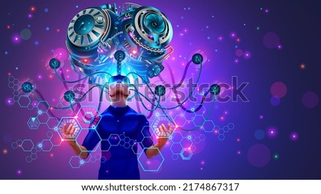 Big Artificial brain or Supercomputer with AI via wires connected with human brain. Deep learning of neural networks, artificial intelligence concept. Sci-fi illustration of tech genius or super human