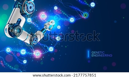 Micro robot edits dna molecule. Genetic engineering future concept. Robotic arm works, changes genes in molecular DNA. Futuristic biotechnology medical nanorobot. Medicine genetic research technology