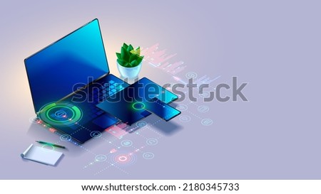 Laptop, tablet, phone on table in isometric. Tech icons of computer technology, software develop over computer devices on white background. Dark empty Monitor or screen of notebook, smartphone, tablet