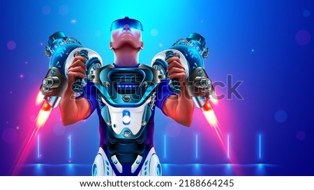 Man launching flying jetpack. Flying robotic armor with rocket engine on male pilot. Illustration fictions of superhero cyborg in futuristic exoskeleton. Muscular man in sci-fi flying iron suit.