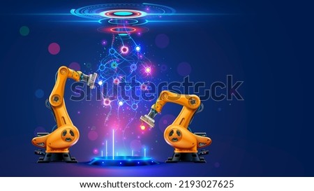 Neural network or artificial intelligence in industry 4.0. Robotic arms creates neural network on podium in virtual reality. Industrial revolution. Concept of futuristic industry technology.