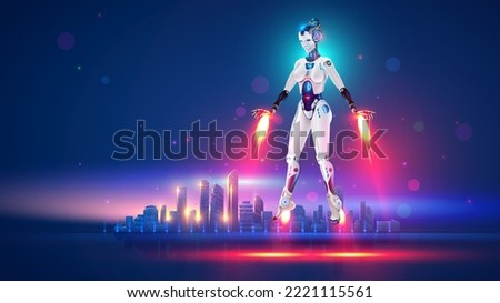 Flying robot or cyborg woman in superhero iron suit. Sci-fi   robotic girl in armor lands on background of futuristic city. Character super hero with jetpack rocket engine. Robotic woman takes off sky