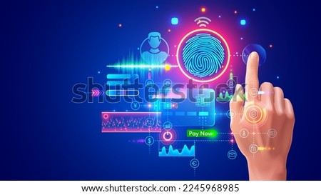 Authorization with fingerprints in banking app for payment. System of Identify person in internet service. Digital access with biometric data technology. Scanner scanning index finger on hand user.