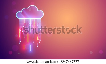 Cloud computing concept. Digital data storage in shapes icon of cloud with digital rain consists at square bits, neon lines. Computer network connect with cloud storage or data center, exchange datum.