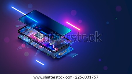 Mobile phone hardware electronic technology. Electronic chip, CPU of smartphone. Repair, maintenance phone banner. Disassembled components, processor of cellphone inside case. Development tech concept