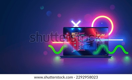 Vector laptop with open screen on desk front view. Computer program code on screen laptop on table, abstract neon geometrical design elements. Programming, coding, software development concept banner.