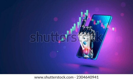 Robot trader. AI for automation trading on stock market. Hand robot point at candlestick graph on screen phone. Artificial intelligence trader. Artificial Neural network in App for Online trading.