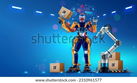 Engineer is working in futuristic bionic exoskeleton and picking up boxes on factory. Robotic exosuit on worker in warehouse. Sci-fi concept exoskeleton suit. Future technology of delivery, logistic.