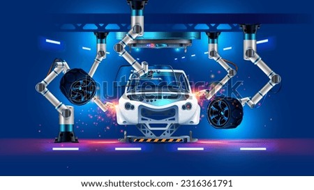 Robot assembles car on automotive industry manufacture. Automated 3d Robotic arm on production line laser welding car body, sets wheels, windscreen. Industry robot hand on automotive vehicle factory.
