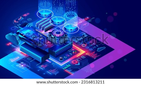 Hardware electronic development concept. Electronic circuit board or motherboard with CPU chip or processor, memory board, GPU, coolers, over computer parts. Upgrade, repair of electronic devices.