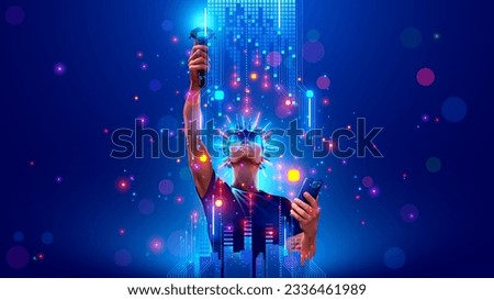 VR video game gamer with 3d gamepad, virtual reality headset glasses in cyberspace of metaverse. Man look at up, holds above his head AR VR controller of computer video games. Digital entertainment.