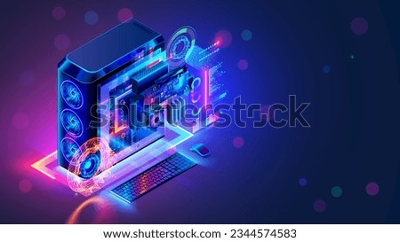 Gaming computer upgrade or repair. Modern power PC in dark with neon lights of CPU, coolers, memory boards. Configuration or repair of hardware of desktop gaming computer. Computer repair services.