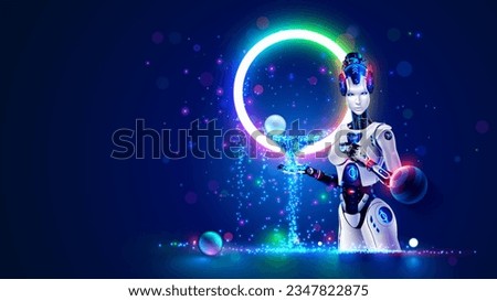 AI robot woman with artificial intelligence analysis flow big data. Cyborg woman contemplative stream of datum in image waterfall of lights particles. Machine learning concept. Neural network training