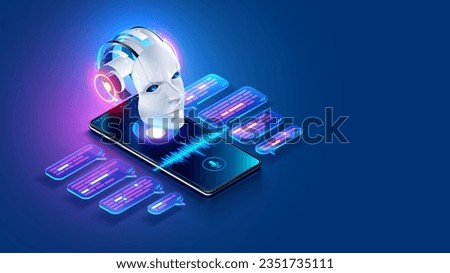 AI chat bot in image robot head hanging over screen phone. Mobile online AI chat bot talk through messenger with user. Abstract face of internet Chatbot with artificial intelligence chatting on phone.