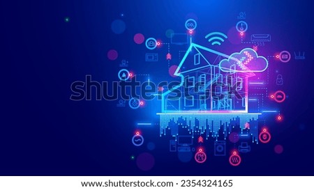3d blueprint plan of smart home with icons IOT devices. Smart home conceptual banner. Building House system internet of things. IOT in Smart Home technology. System remote controls domestic devices.