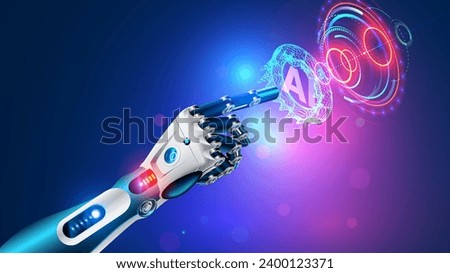 Robot arm with artificial intelligence presses a button with an AI logo. The cyborg hand touches the holographic interface with his index finger. AI bot in Industry 4.0. AI robotic hand tap HUD screen