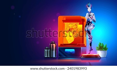 3d printer on table with printed 3d model of miniature figure robot woman. Photopolymer SLA 3d printer with head doll in 3d printing box. Manufacturing diy cosplay in home workshop. Woman cyborg.