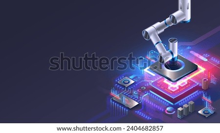 Industrial robot manipulator places electronic components on electronic circuit board on production assembly line. Robot hand holds chip above PCB. AI Automated robotics factory of electronic industry