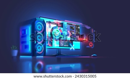 Modern powerful desktop PC computer in dark. Computer case of gaming PC with empty monitor, keyboard, mouse on desk. Desktop computer with abstract interfaces of programs. Computer technology concept.