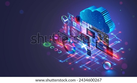 Cloud computing isometric concept. Cloud storage in software development. Digital internet technology. Database remote administration. Cloud technology data center. Abstract computer interface.