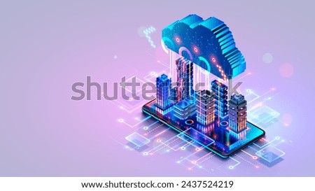 Smart city on screen smart phone. Modern future skyscrapers communications with cloud storage. Digital cloud hanging over smart city on touchscreen smartphone. Cloud computing. IOT. internet of things