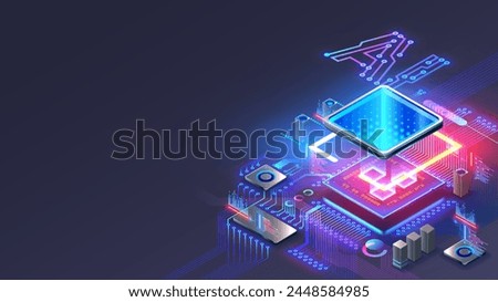 Processor with integration AI. AI Letters on chip. CPU connected to motherboard . Artificial intelligence technology in electronic chip on pcb board. Hardware tech conceptual background. 3d Vector.