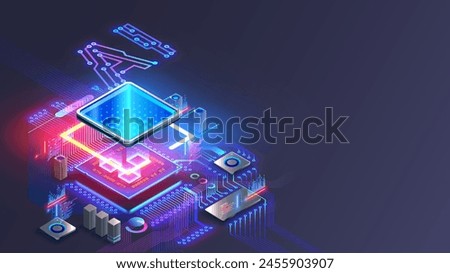 Processor with integration AI. AI Letters on chip. CPU connected to motherboard . Artificial intelligence technology in electronic chip on pcb board. Hardware tech conceptual background. 3d Vector.