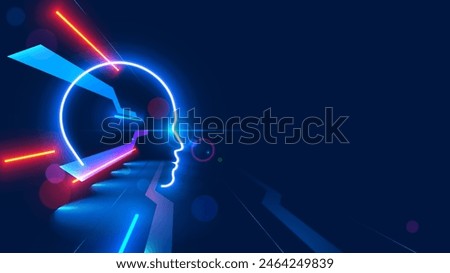 Neon face silhouette in cyberspace. Digital technology abstract conceptual banner. Human neon face in future tech line art style. Neural network mind in digital virtual reality. AI learning techniques