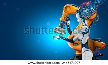 Robot or bot with artificial intelligence or AI takes control of factory into their hands. Robot or cyborg woman with ai controls industrial manufacturing, robotic arm. Industry 4.0 revolution concept