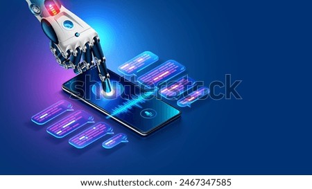 AI chat bot in image robot hand tap screen phone. Mobile online AI chat bot talk through messenger with user. Abstract robotic arm of internet Chatbot with artificial intelligence chatting on phone.