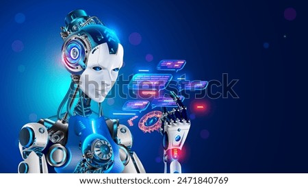 AI chatbot in image robot or cyborg holding in hand message bubbles. Online AI chat bot talk through messenger with user. Technical support bot, internet assistance with artificial intelligence or AI