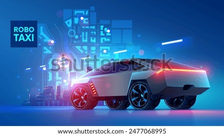 Autonomous robotic taxi stands against background of smart city plotting a route. Autonomous transportation service of electric mobility urban vehicles. Automated self driving smart car. AI Robotaxi.